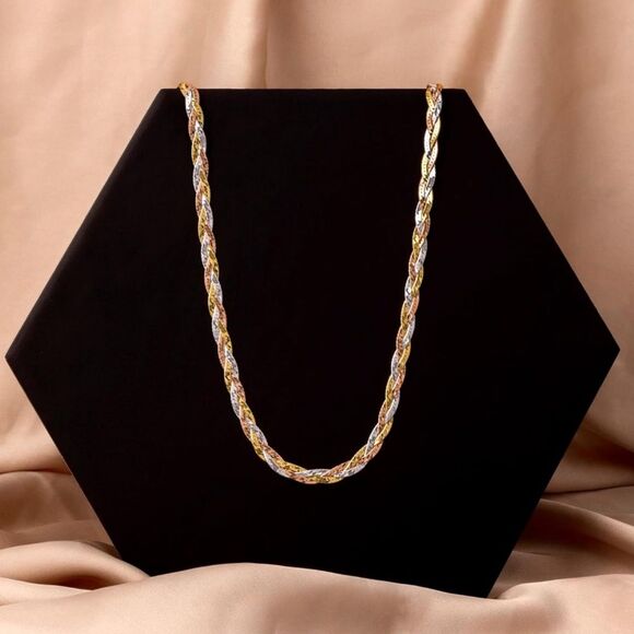 Fine Italian 18k 925 Tri-Color Herringbone Braided Necklace - Picture 2 of 8